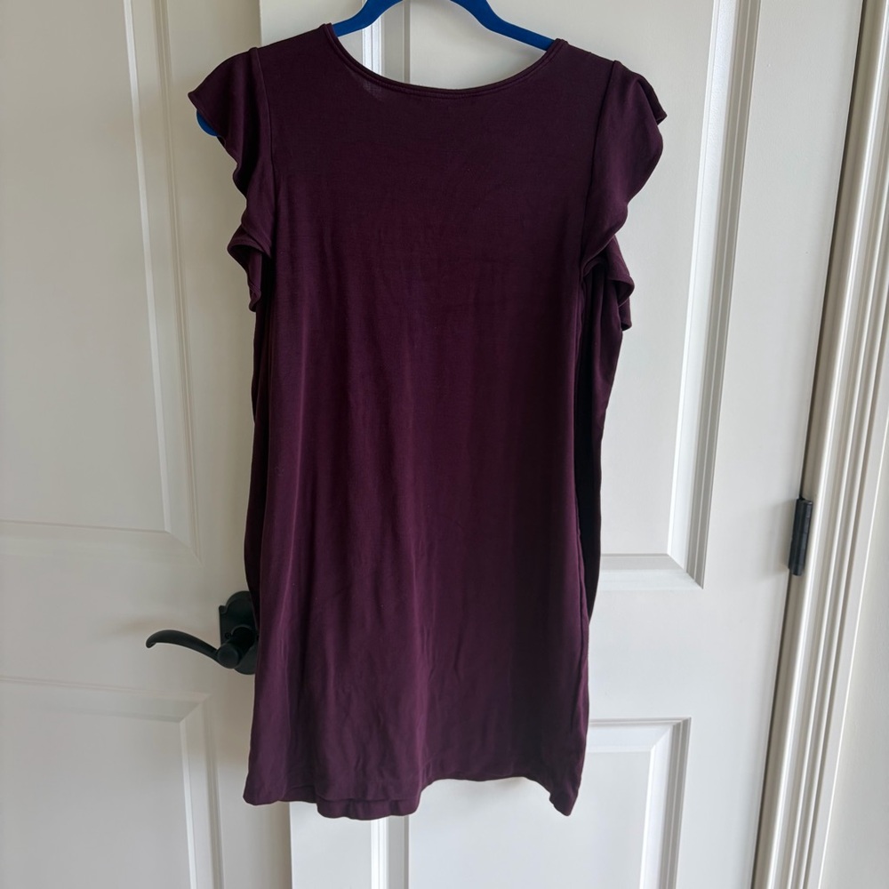 White House Black Market Long-Sleeve Ruffle Cold Shoulder Dress Cabernet Sz SP - Picture 5 of 13